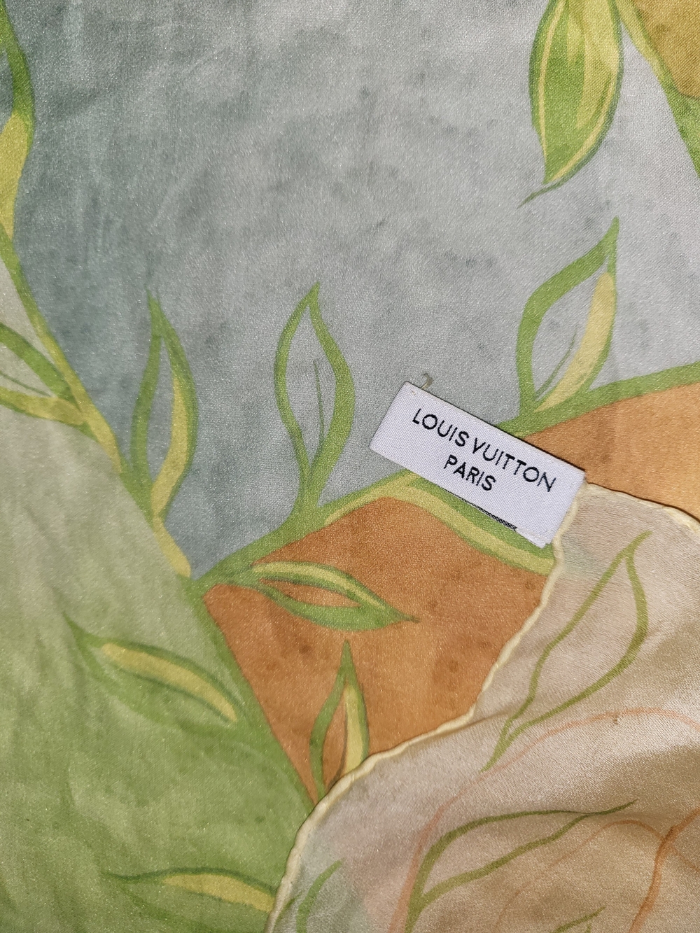 Louis Vuitton Green Yellow Cream Floral Silk Scarf Panel with LV Tag